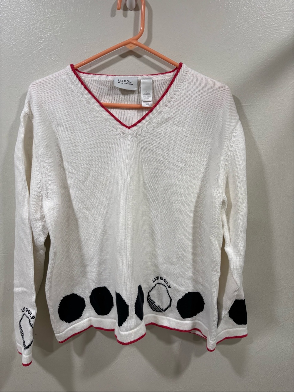 Vintage Liz Claiborne White V-Neck Sweater with Black Accents and Pink Trim